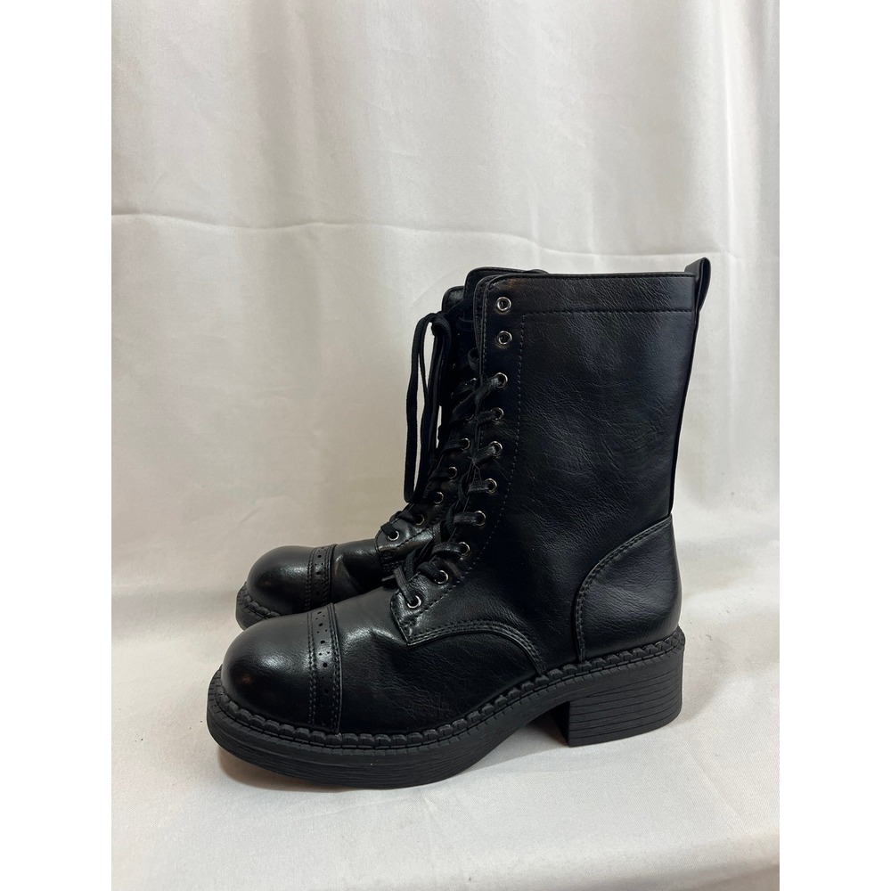 Wild Fable Womens Black Lace Up Combat Boots Side Zip Cap Toe Brogue Detail 7.5